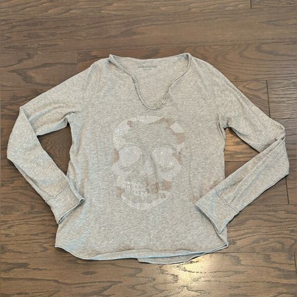 ZADIG & VOLTAIRE Tunisien Camo Strass Skull Henley Grey Size Medium - Picture 1 of 8